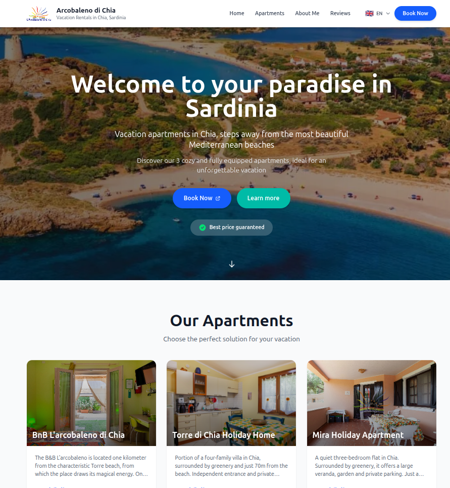 Responsive hero section with stunning Sardinian beach imagery